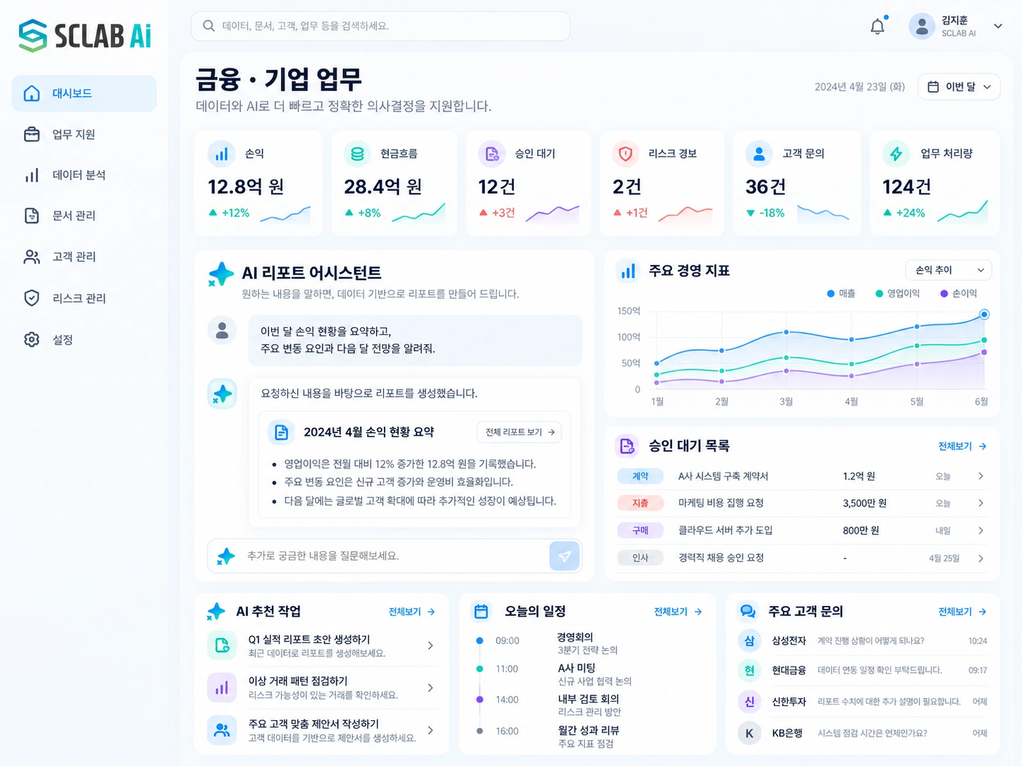경영 지표, AI 리포트 어시스턴트, 승인 대기와 업무 일정을 표현한 기업 업무 UI 디자인 예시