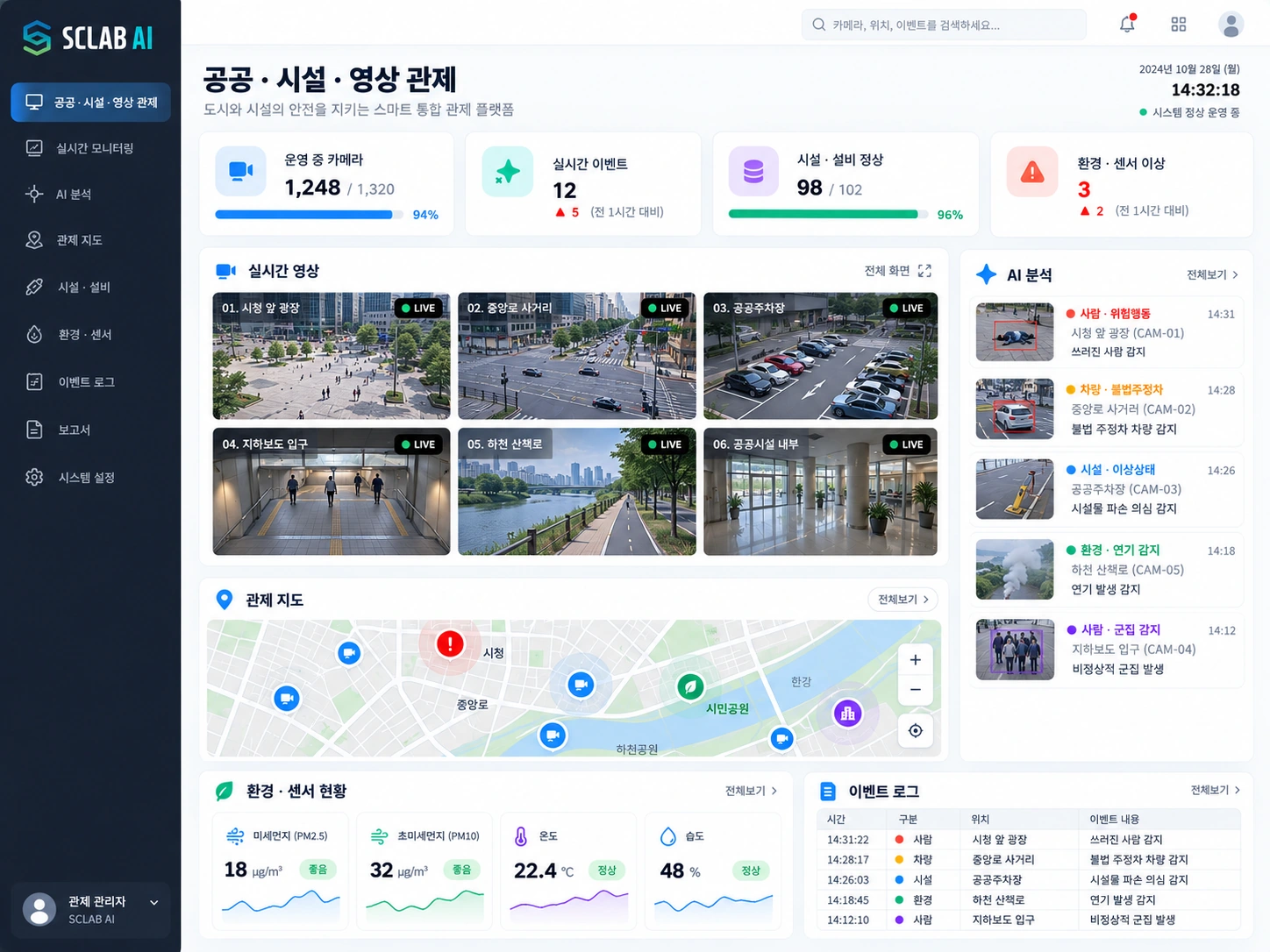 카메라 영상, 관제 지도, AI 이벤트 분석과 환경 센서 현황을 표현한 공공 관제 UI 디자인 예시